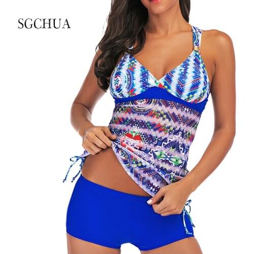 Tankini Swimsuits Women Plus Size New Mesh Print Two Piece Swimwear Backless Vintage Retro With Soild Blue Bathing Suit ForWomen