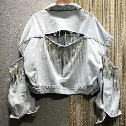 Ripped rhinestone tassel chain heavy industry hole denim jacket women fashion new loose large size outwear