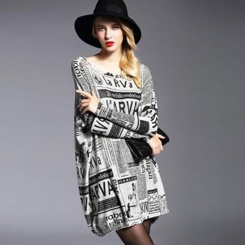 Womens Clothing Ladies Winter Casual Long Sleeve Knitted Newspaper Print Sweaters Female Batwing Sleeve Big Yard Long Pullovers