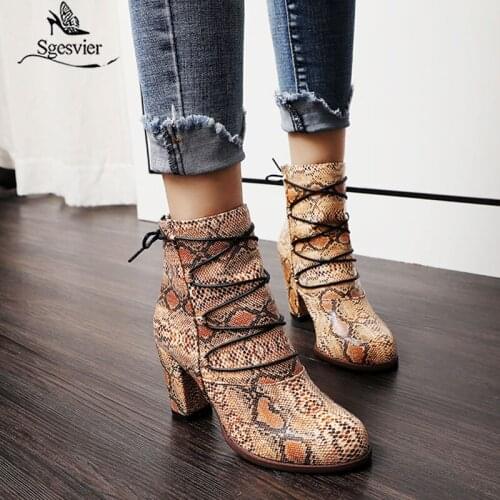 Sgesvier New Sexy Ankle Boots for Woman Snake Print High Heels Boots Round toe Square High Heels Cowboy Boots Botas Shoes