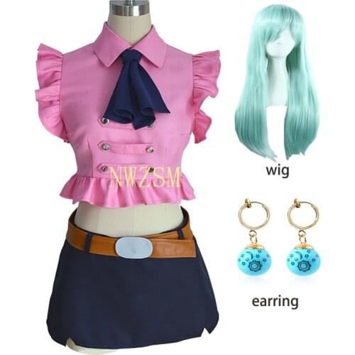 Cosplay Costumes Women Japanese Anime The Seven Deadly Sins Elizabeth Liones Halloween Cosplay Uniform Suit Wig and Earrings