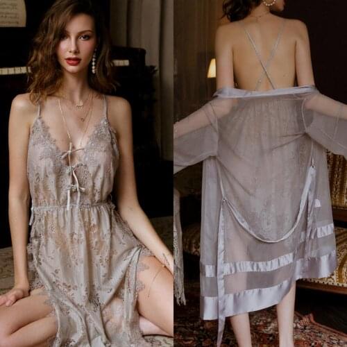 Women Wedding Sleep Wear Two Piece Sexy Lace Night Robes Lingeries Woman Illusion Wedding Night Dress Bathgowns