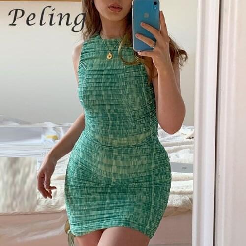 2021 Sheath Drawstring Party Sexy Print Dress Women Double Layer Pleated Dress Zipper Beach Mini Dress Bodycon Female Vestidos