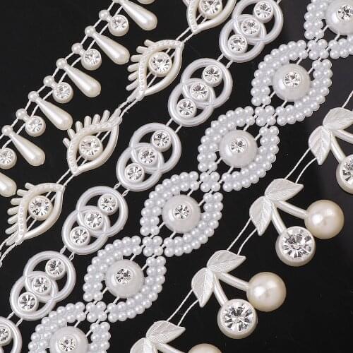 1 Yard ABS Eye Cherry Pearl Chain With Rhinestone Bridal Beads Appliques Garment Chain For Wedding Dress Crafts Jewelry Decor