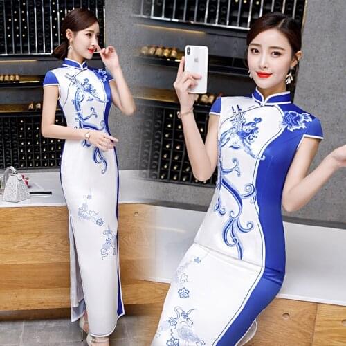 2020 Short Sleeve Summer Long Dress Qipao Silk Satin Traditional Chinese Style Elegant Blue and White Porcelain Cheongsam Dress