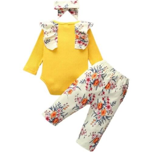 Baby Girl Clothes Fashion Newborn Infant Autumn 3Pcs Set Cotton T-shirt Pants Headband Flower Toddler Outfits Girls Clothing Sui