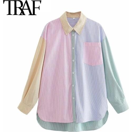 TRAF Women Fashion Patchwork Color Striped Oversized Blouses Vintage Long Sleeve Pockets Female Shirts Blusas Chic Tops