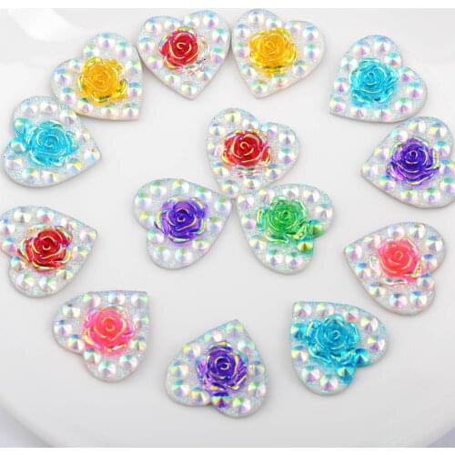 BOLIAO No Hole Glue Rhinestones Flatback 10Pcs 24mm ( 0.94in ) Heart Rose Flower Mix Resin Craft/Wedding Decoration DIY