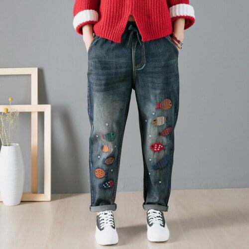 Spring Fall Vintage Cartoon Fish Embroidery Denim Elastic Waist Women Harem Jeans Office Lady Large Size Blue Pants RV644