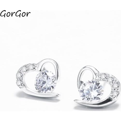 GorGor Clip Earrings Women 925 Sterling Pattern Heart-shape Mosaic Zirconia Simplicity Exquisite Valentines Day Gift E071