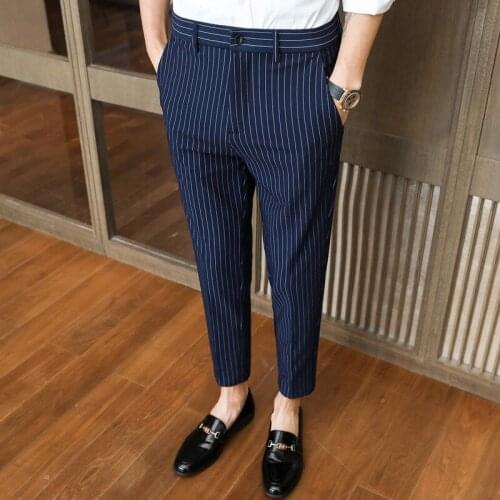 Men Striped Business Dress Pants 2021 Summer Classic Formal Wedding Suit Pants Casual Slim Office Social Trousers Pantalon Homme