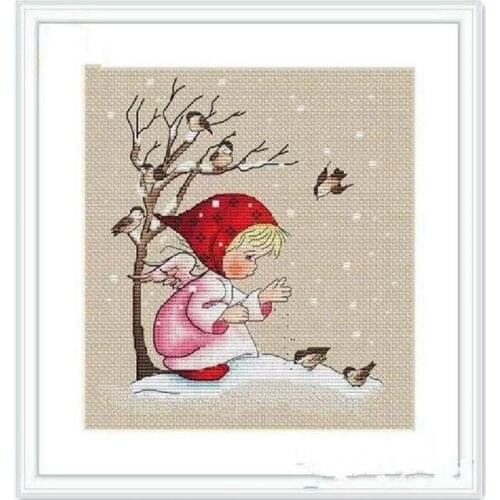 Little girl feeding birds cross stitch kit cartoon girl in winter design 14ct 11ct linen flaxen canvas embroidery DIY needlework