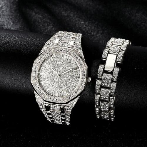 New Style Bracelet for Men Women Luxury Iced Out Watch + Bracelet Gold Link Chain Mens Watch Jewelry Men Gifts Charm Bracelet