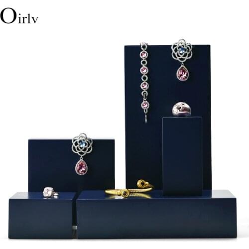 Oirlv Premium Dark Blue Solid Wood Bracelet Display Stand Earring Pendant Holder Box Jewelry Prop Display Table Set