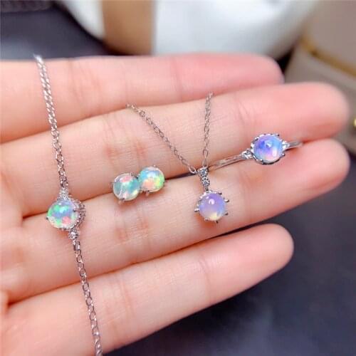 Opal Jewelry Set 5MM Colorful Gemstones Ring for Women Birthday Gift Real 925 Sterling Silver Pendant Earring Bracelet Necklace
