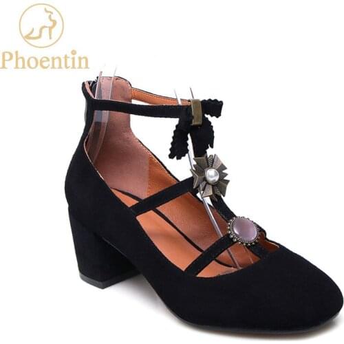 Phoentin narrow band mid heels for women 2020 sheep suede crystal zip closure pumps bow-knot round toe plus size heels 43 FT854
