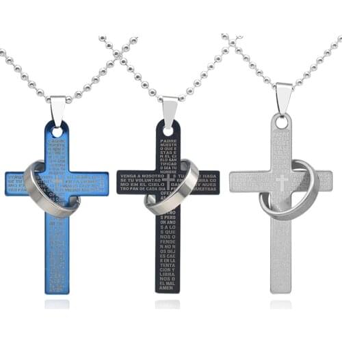 Punk 1PC Golden Silvery Titanium Steel Cross Letter With Ring Pendant Neckalce for Men Male Fashion Jewelry Gift
