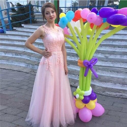 Simple A-line Evening Dress Scoop Neckline Sleeveless Long Pink Prom Dresses Appliques New Women Formal Evening Party Gowns 2020