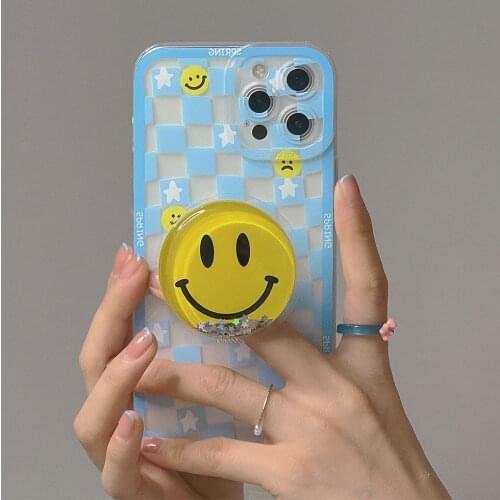 Checkerboard Cartoon Bling Smiley Bracket Phone Case for iphone 11 12 Pro Max X XR XS 7 8Plus Plaid Shockproof Soft Back Cover