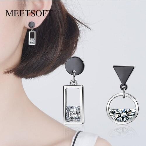 MEETSOFT 925 Silver Prevent Allergy Fashion Drop Earrings for Women Asymmetry Crystal Circle Square Black Tranigle Jewelry Gift