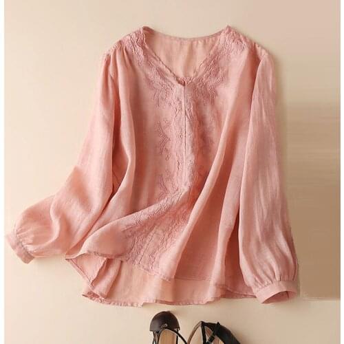 Spring Fall Casual Womens V Neck Long Sleeve White Navy Linen Long Sleeve Top Blouse , Woman 3xl 4xl Blouses Shirts