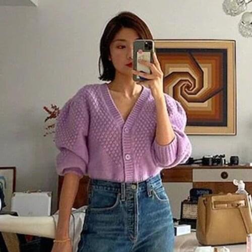 Foridol vintage purple knitted cropped cardigan oversized button up puff sleeve cardigan top autumn winter casual office tops