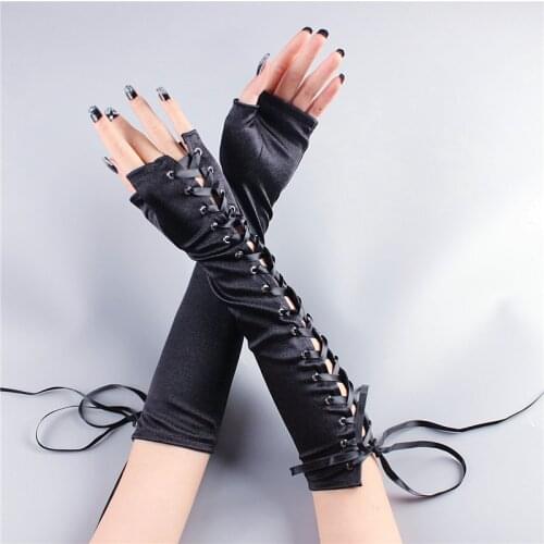 Hot Sexy Long Satin Gloves Black Cosplay Costume Party Dress With Gloves Nightclub Punk Sexy Half-finger Ladies Gloves Mitten