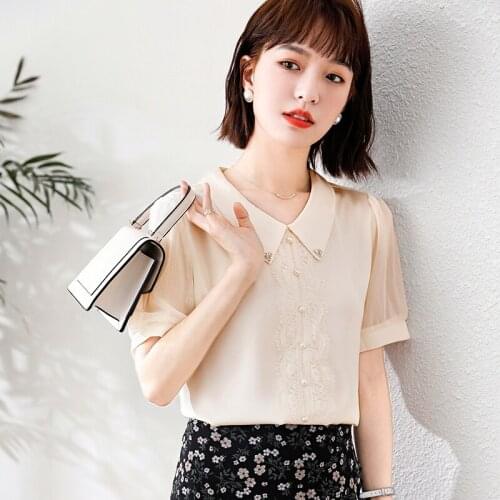 Women Blouses and Shirts Chiffon Shirt Fashion Doll Collar Short Sleeve Solid Color Lace Top Blusas Mujer Verano Elegantes