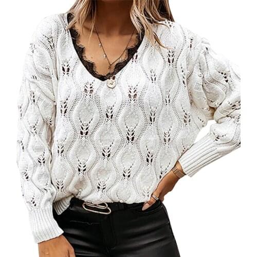 Womens Casual Long Sleeve Loose Sweater Fashion Solid Color Lace Trim V-neck Knitwear