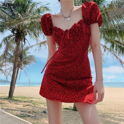 Mini Dress Women Red Leopard Temperament Puff Sleeve Square Collar French Leisure Femme Vestido Streetwear Holiday Sexy Sundress