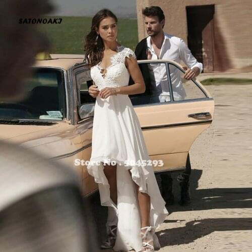 2020 Chiffon Hi-Lo Wedding Dress for Women V Neck Cap Sleeve Boho Illusion Back Bridal Gowns Vestido De Novia Robe Mariage India