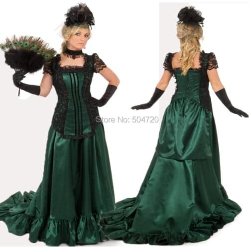 19 Century Retro Green Taffte with black Lace Victorian dresses Eras Regency Civil War Revolutionary Halloween Dress HL-110