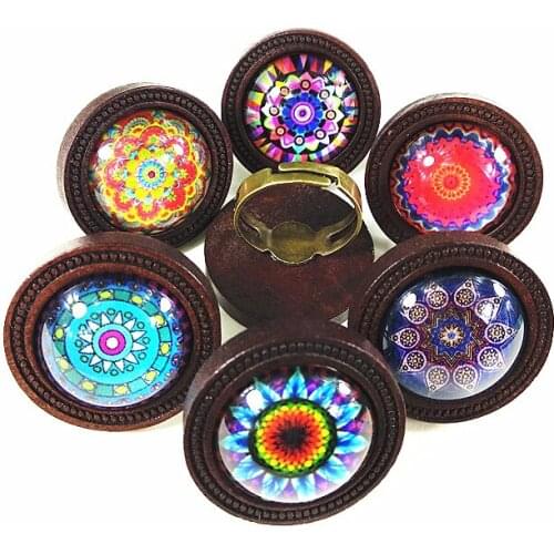24pcs(12 Styles) Log, dark brown Wood Cabochon Ring Base with Mandala Photo Glass Cabochon the Ethnic Style ring