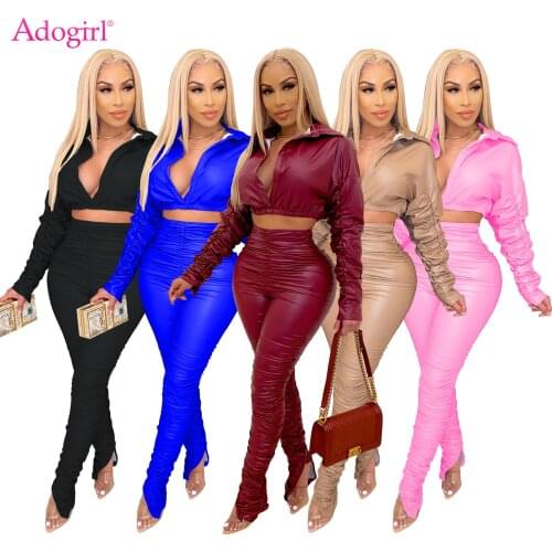 Adogirl Solid Faux PU Leather Sexy Two Piece Set Turn Down Collar Long Sleeve Crop Top Stacked Flare Pants Fall Fashion Clothing