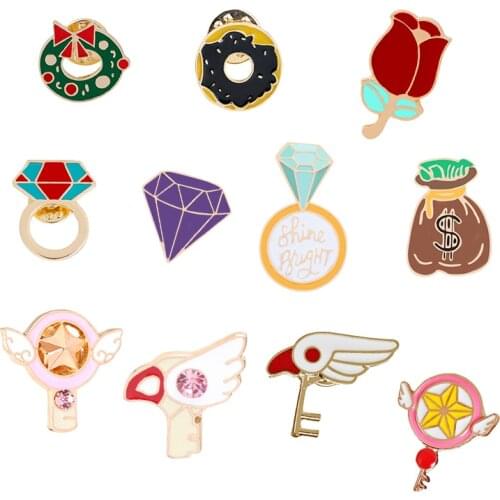 Anime Badges Magical Girl Brooches For Women Donut Rose Shine Bright Star Wand Key Lapel Pins Fashion Backpack Collect Girl Gift