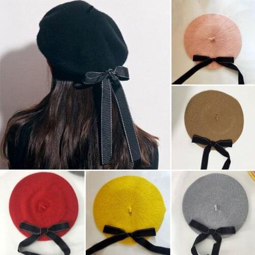 New Fashion Bow Berets Winter Warm Hat Elegant Lady Autumn Winter Solid Color Caps Girl Bowknot Beret