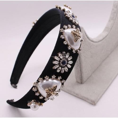 Bohemian Vintage Bee Pearl Flower Rhinestone Hairband Handmade Velvet Headband customized Hair Accessories