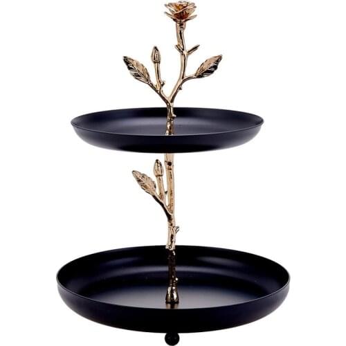 Ena 2 Layered Black Gold Detailed Luxe Elegant Service Presentation Plate, Snack Plate