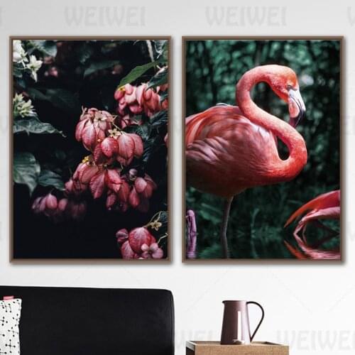 Dark Green Leaf Background Flowers Full of Branches Home Decoration Painting Flamingo Tropical Rain Forest Living Room Canvas