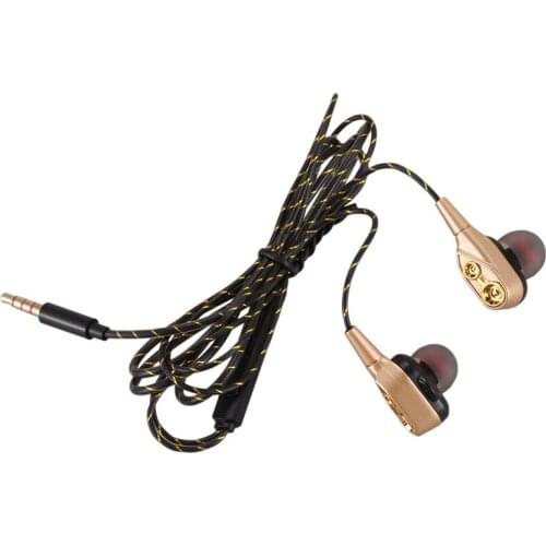Hot 3.5mm HiFi Wired Earphone Dual-Dynamic Quad-core Speaker In-ear earbuds Flexible Cable Anti-wrap with HD Microphone(Gold)