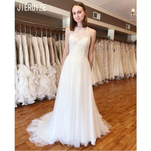 JIERUIZE Modest Beach Wedding Dresses O Neck Button Back Lace Long Tulle Bridal Gowns A Line Bride Dresses Robe De Mariage
