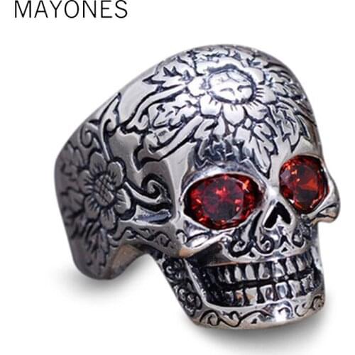 925 Sterling Silver Skull Ring Inlaid Garnet with Fower Pattern for Vintage Punk Rock Thai Silver Heavy Motorcycle Men Jewelry