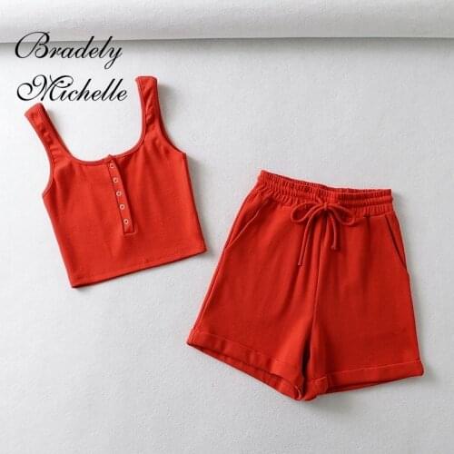 BRADELY MICHELLE 2021 Summer NEW Arrival Solid Suit Knitted Sleeveless Tank Cami Top And High-waist Shorts