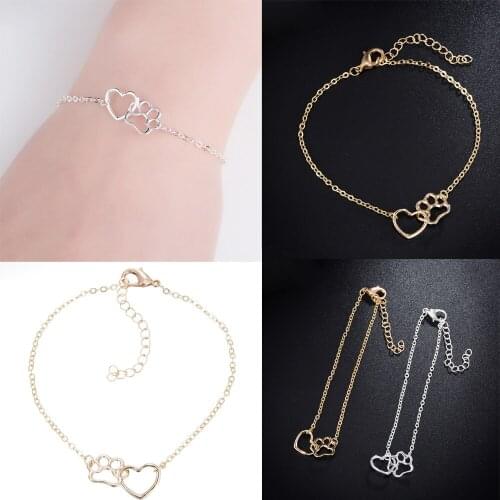 Cute Hollow Love Heart Pet Animal Footprint Cat Dog Paw Pendant Bracelet Bangle Charm Chain Jewelry For Women Girl Gift pulseras