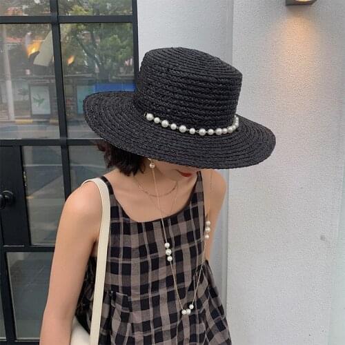 Fashion Golden Pearl Chain Wide Brim Raffia Straw Hat For Women Handmade Boater Hat Band Lady Summer Beach Caps Luxury Hat Cape