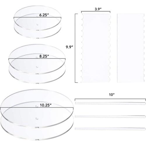 Acrylic Round Cake Disk Set - Cake Discs Circle Base Boards with Center Hole - 2 Comb Scrapers (4 Patterns) & Dowel Rod