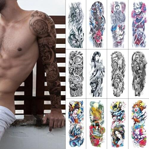 Temporary waterproof tattoo sticker Bodhisattva fish flower demon clock dragon Full arm fake tattoos Large size for men women