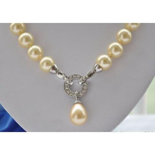 Prett Lovely Womens Wedding FREE shipping NICE 12mm round golden SHELL PEARL NECKLACE pendant 18inch