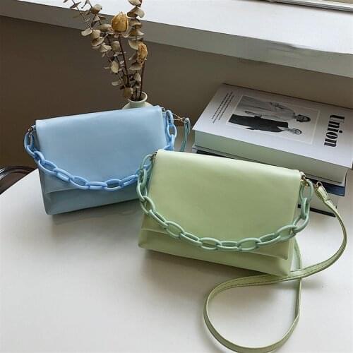 PU Leather Crossbody Bags for Women Solid Color Acrylic Chain Ladies Shoulder Messenger Bag Protable Female Girls Purse Handbags