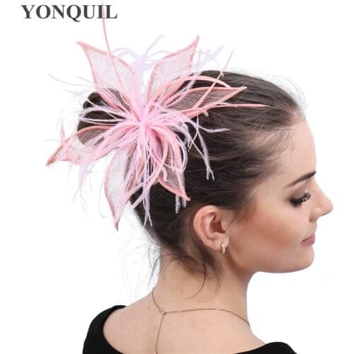 Light Pink Wedding Sinamay Womens Headwear For Ladies Chic Derby Hair Fascinator Hats Accessories Fancy Feathers Headdress